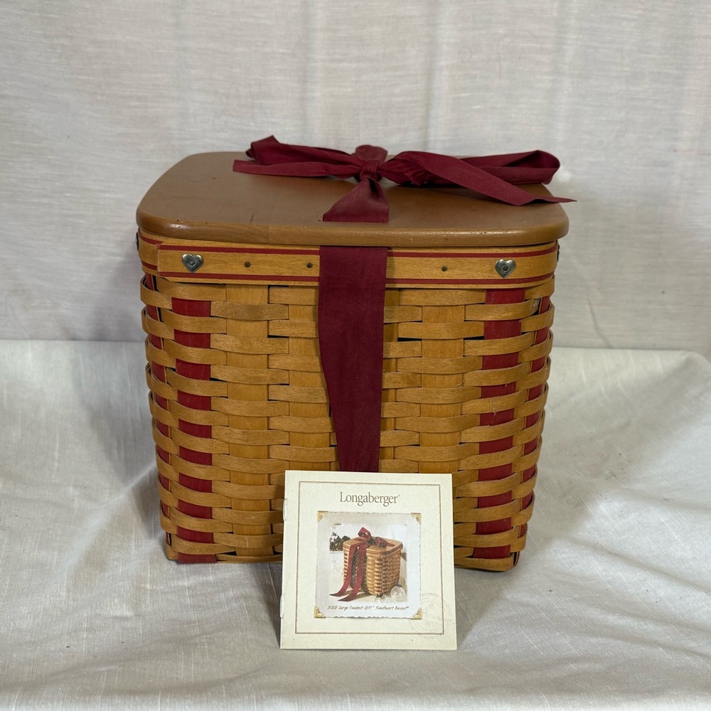 Longaberger Sweetheart Basket Set 2002 Red Liner Lid EUC